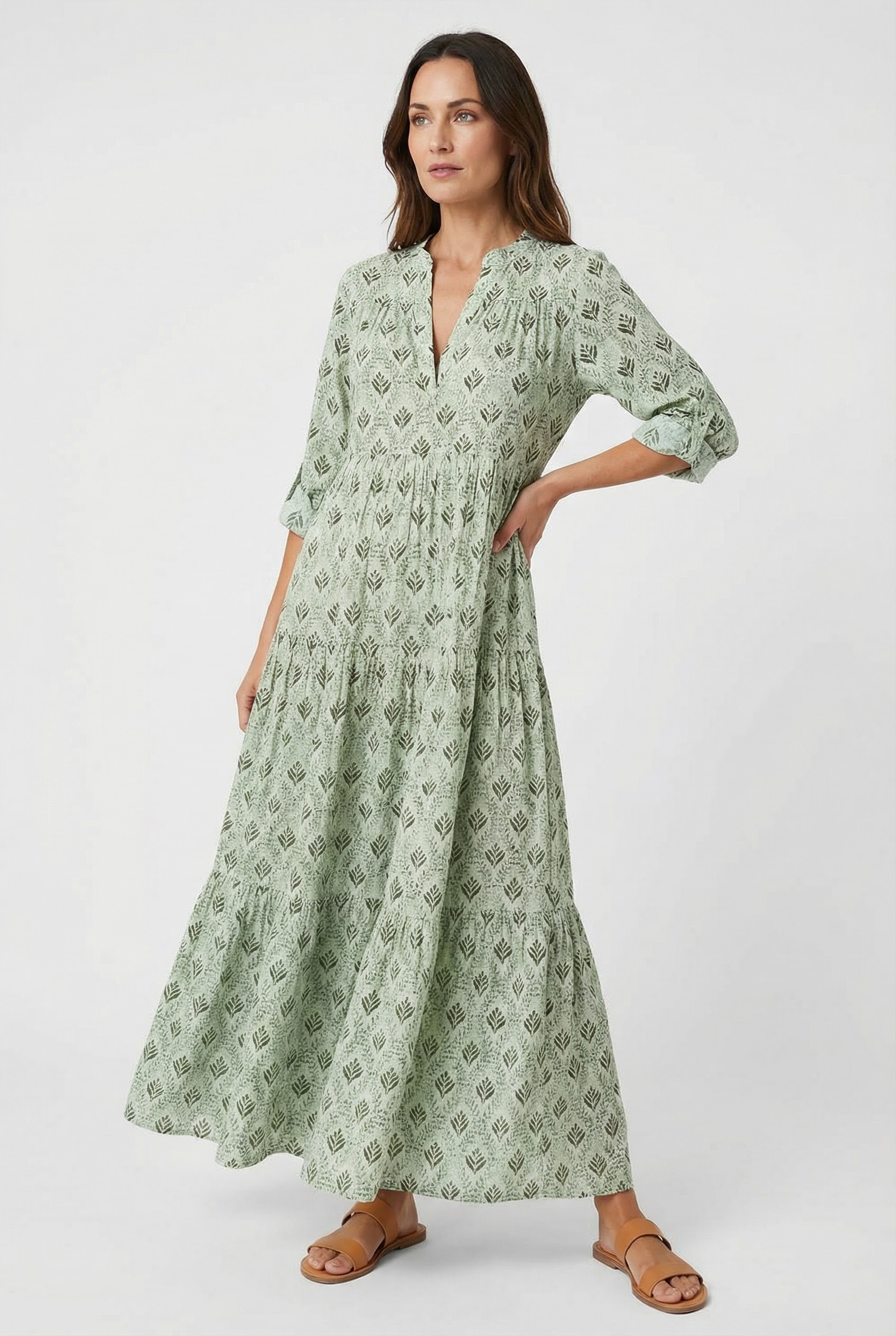 Pink Cotton V-Neck Maxi Dress with Vintage Print