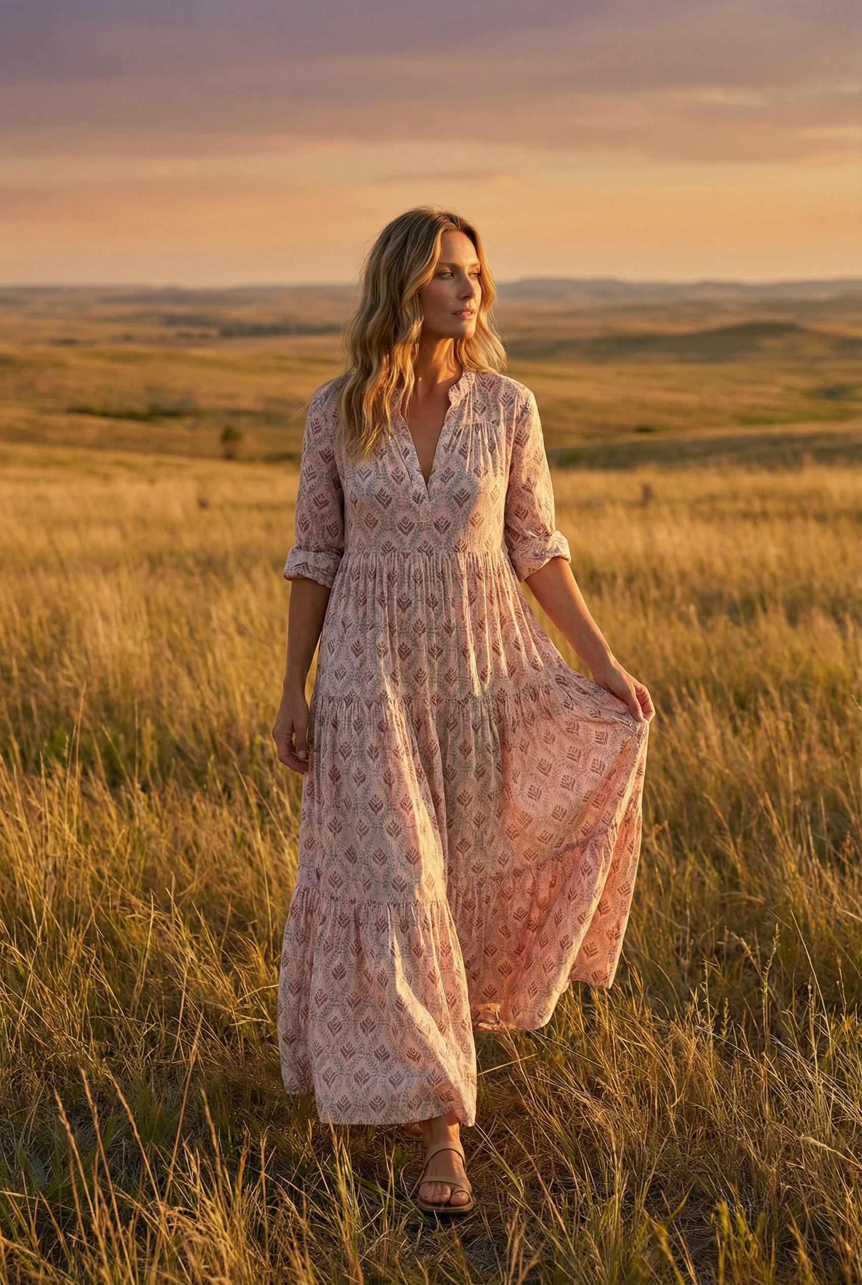Pink Cotton V-Neck Maxi Dress with Vintage Print
