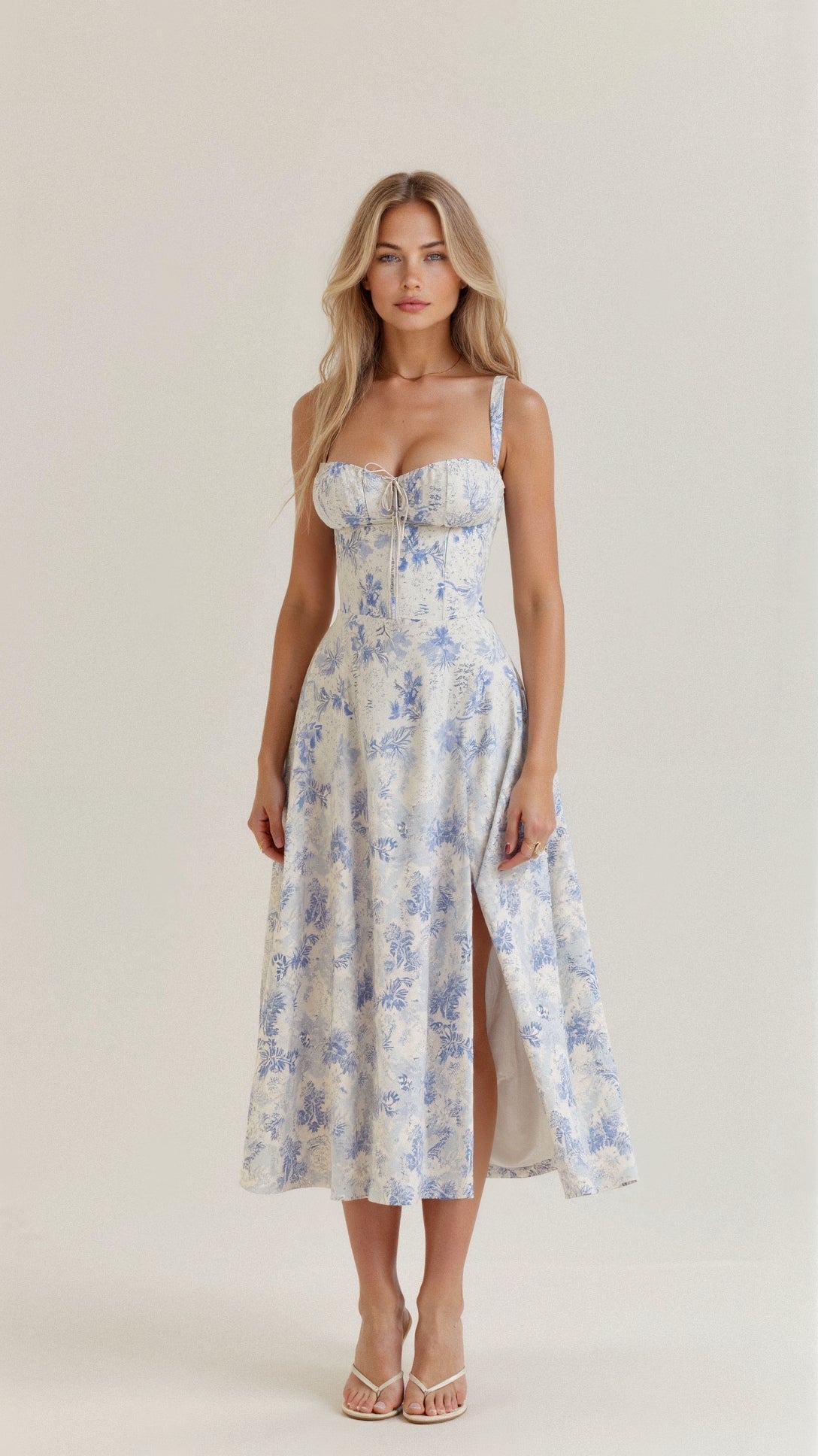Yellow Floral Corset Midi Dress - Figure-Flattering Fit — Blue