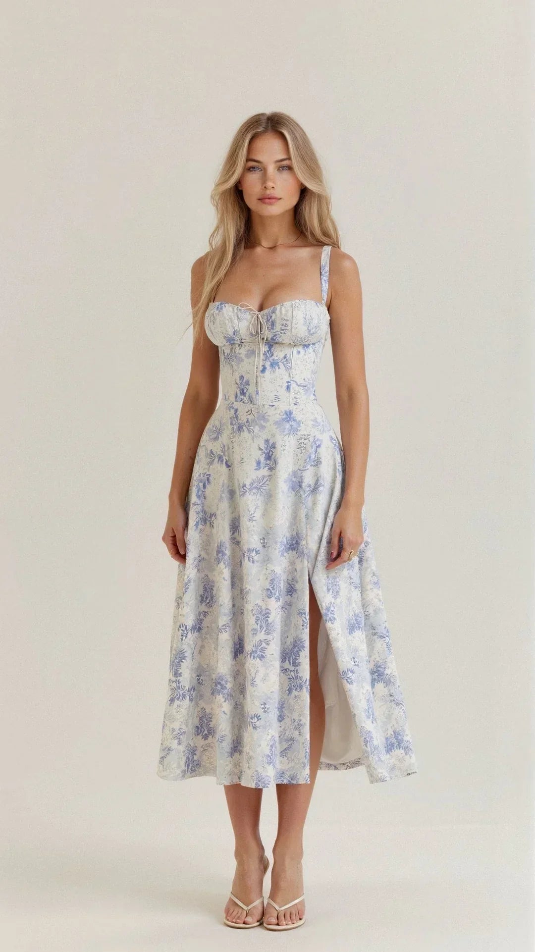 Pink Floral Bustier Midi Dress - Elegant Fit & Flare — Blue