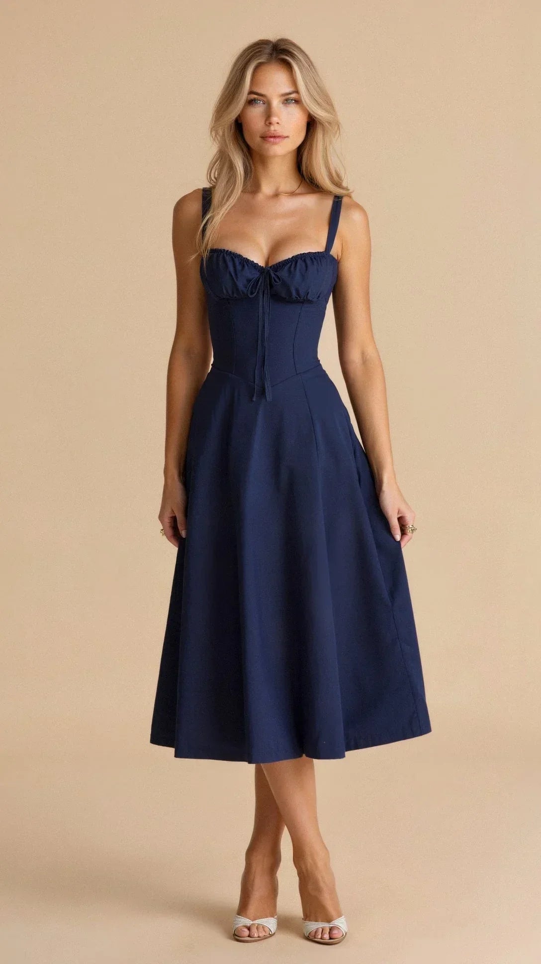 Pink Floral Bustier Midi Dress - Elegant Fit & Flare — Dark Blue