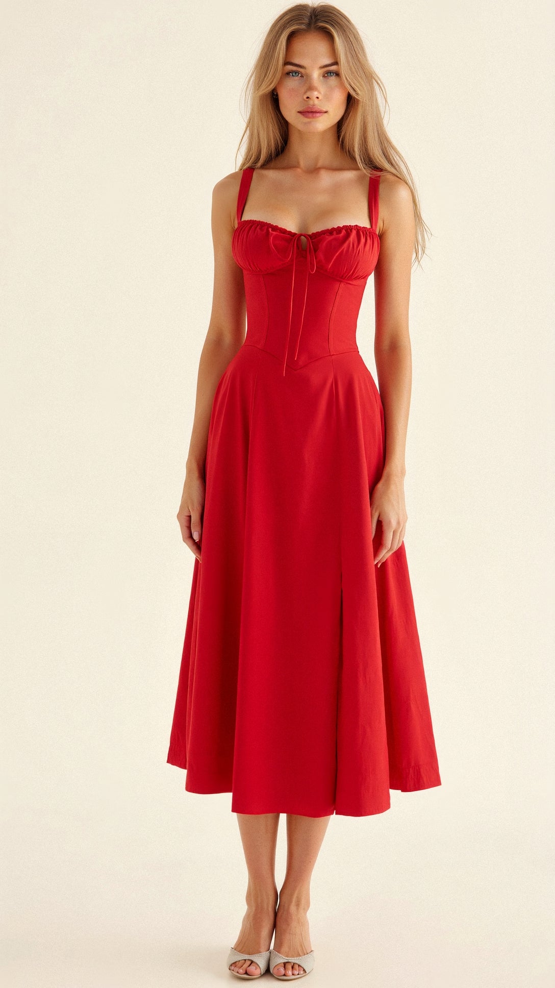 Yellow Floral Corset Midi Dress - Figure-Flattering Fit — Red