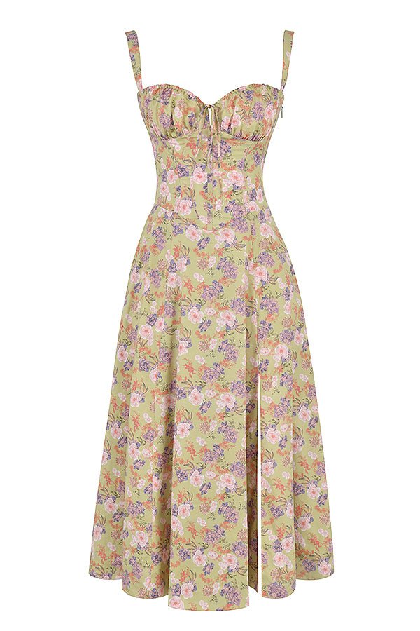 Yellow Floral Corset Midi Dress - Figure-Flattering Fit