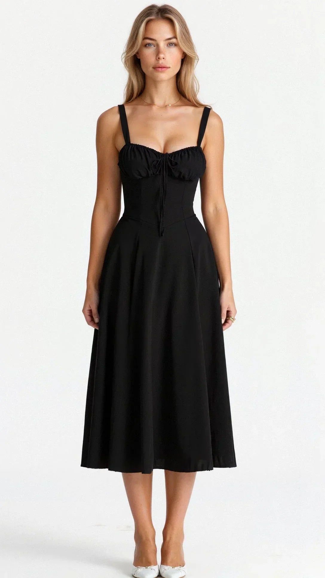 Pink Floral Bustier Midi Dress - Elegant Fit & Flare — Black