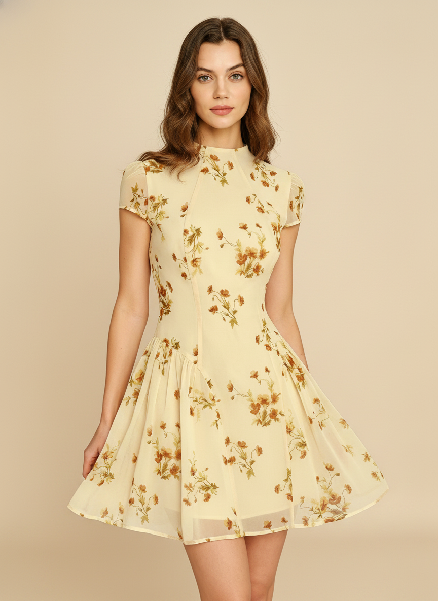 Light Yellow Floral A-Line Mini Dress with Cap Sleeves