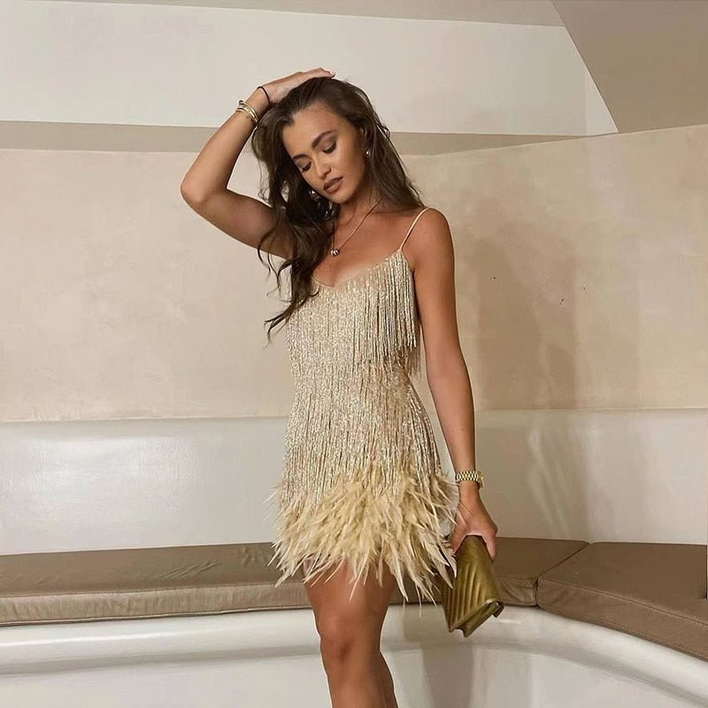 White Sequin Mini Dress for Elegant Evening Occasions — Beige