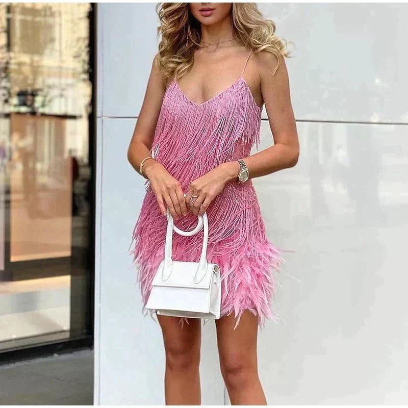 White Sequin Mini Dress for Elegant Evening Occasions — Pink