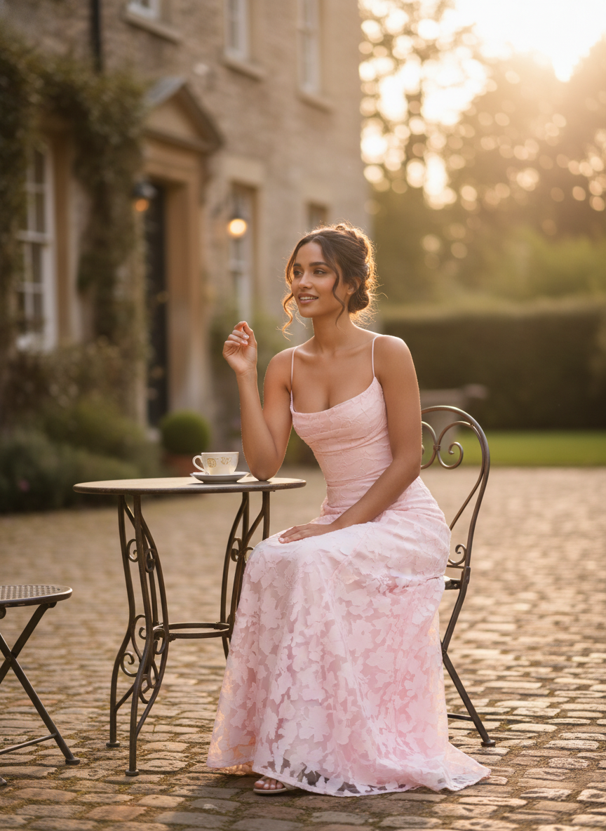 Pink Floral Lace Maxi Dress with Spaghetti Straps