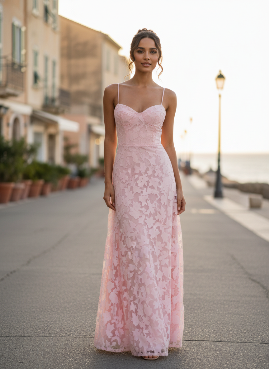Pink Floral Lace Maxi Dress with Spaghetti Straps
