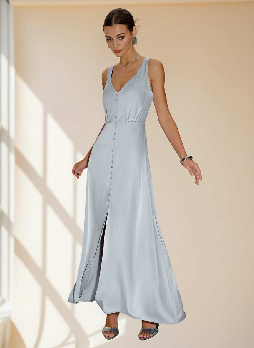 Grey A-Line Maxi Dress, Sleeveless Evening Gown