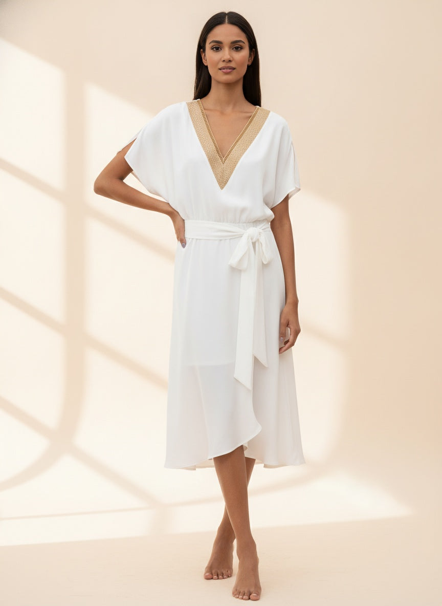 White V-Neck Tie Waist Midi Dress