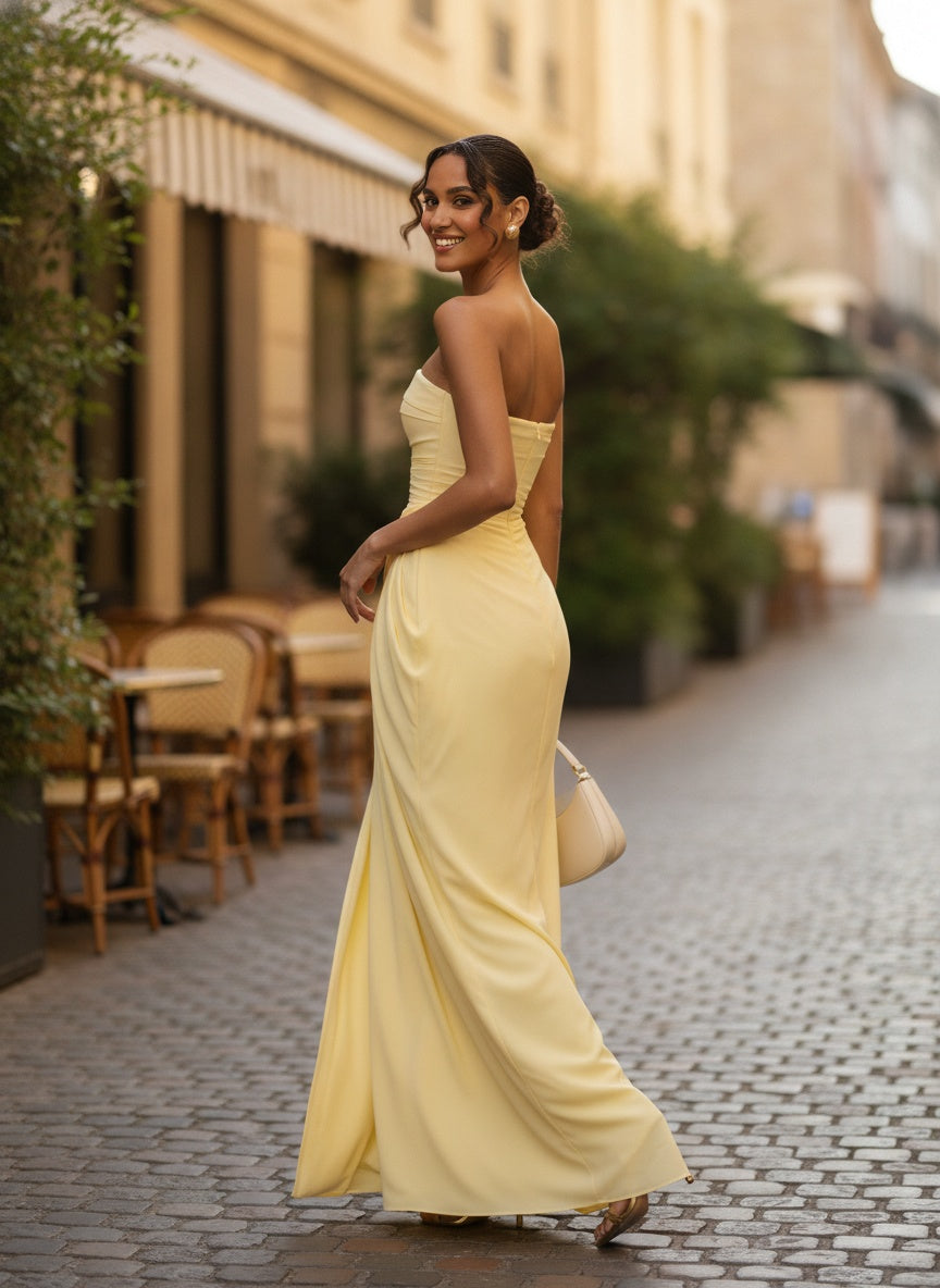Yellow Strapless Maxi Dress | Elegant Wedding Guest Style