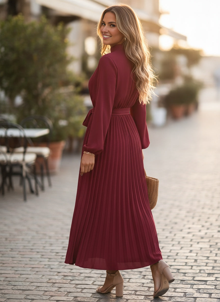 Red Pleated Maxi Dress with Long Sleeves & Defined Waist