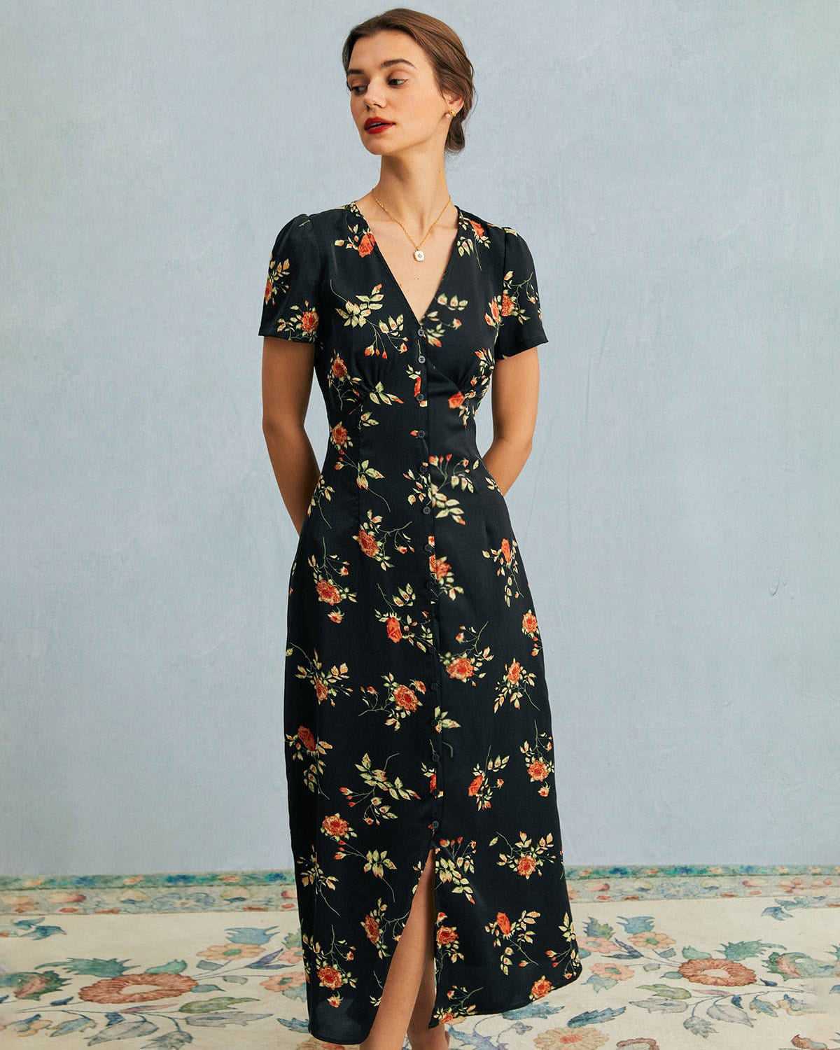 Black Floral V-Neck Maxi Dress - Effortless Elegance
