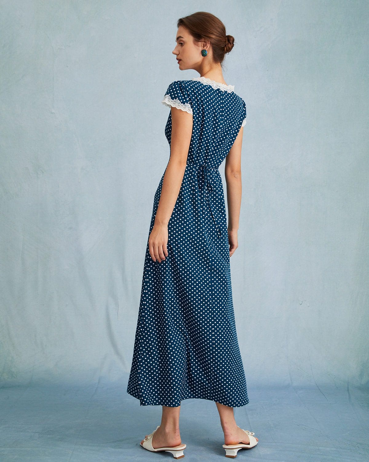 Navy Polka Dot Ruched Maxi Dress with Delicate Lace
