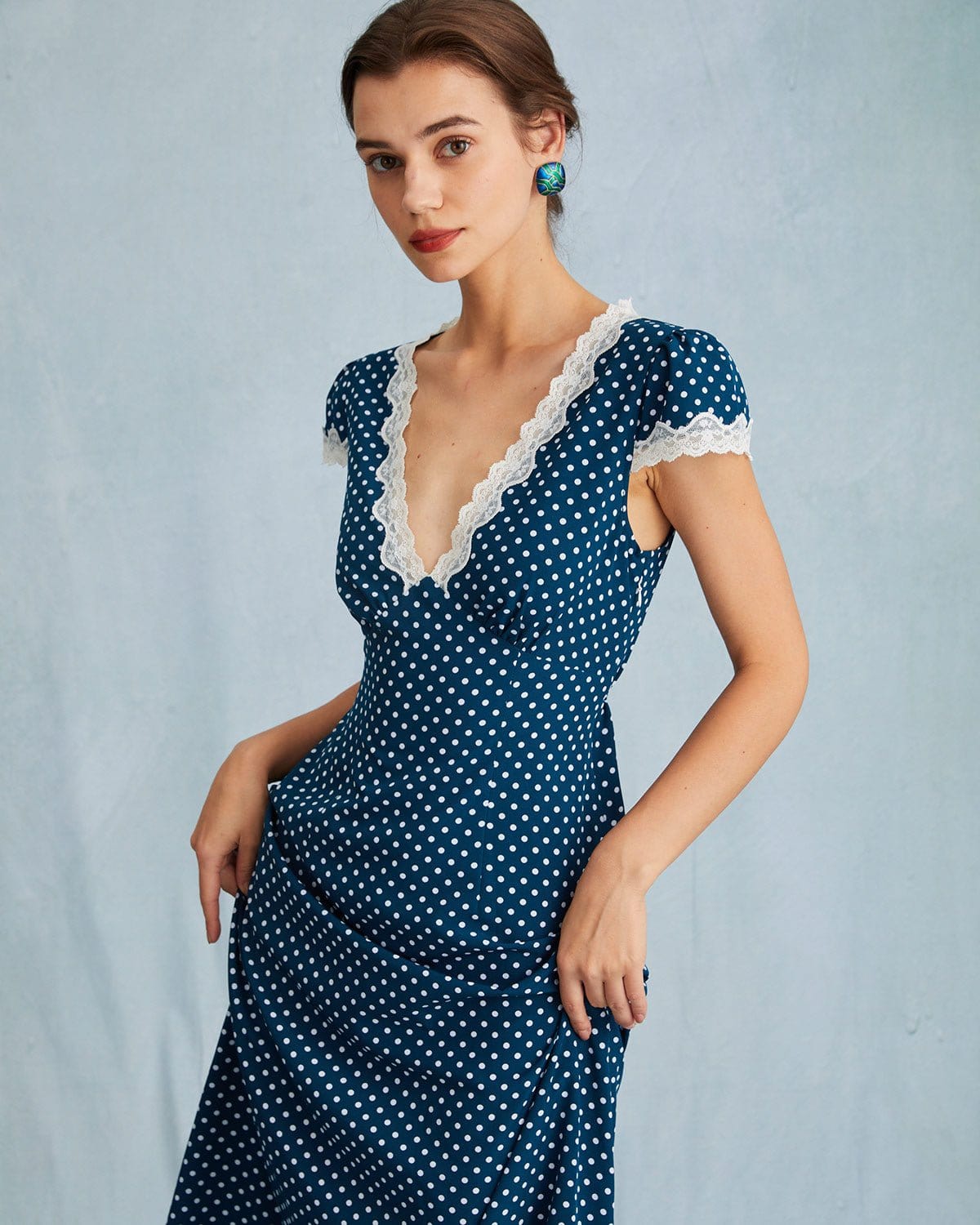 Navy Polka Dot Ruched Maxi Dress with Delicate Lace
