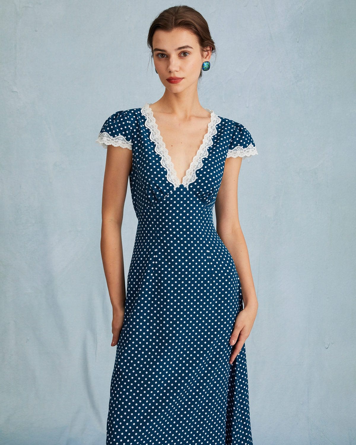 Navy Polka Dot Ruched Maxi Dress with Delicate Lace