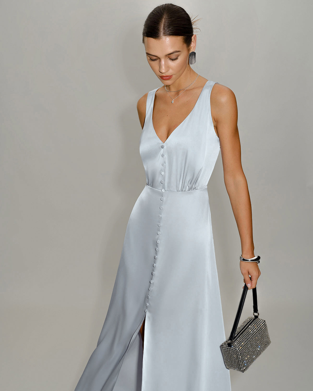 Grey A-Line Maxi Dress, Sleeveless Evening Gown