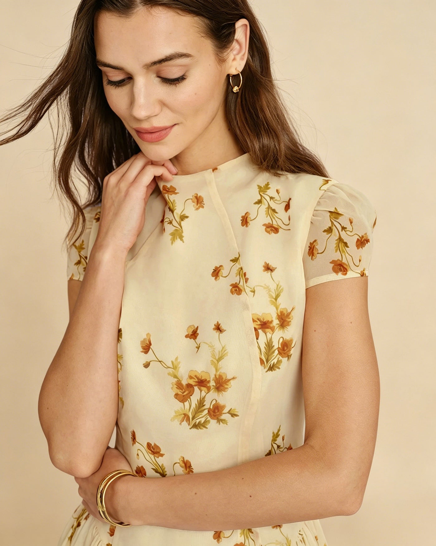 Light Yellow Floral A-Line Mini Dress with Cap Sleeves