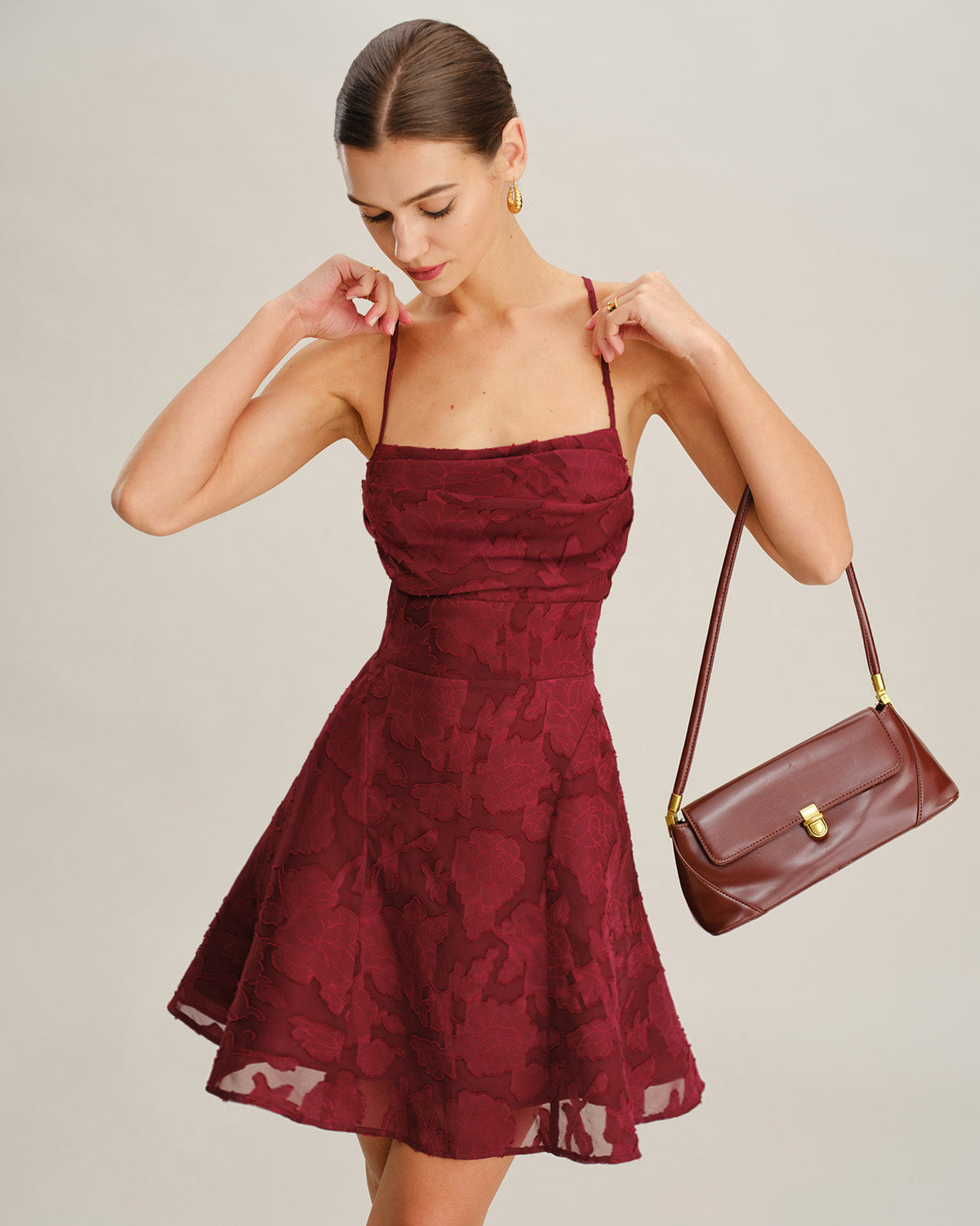 Wine Red A-Line Floral Mini Dress with Square Neck — Wine Red