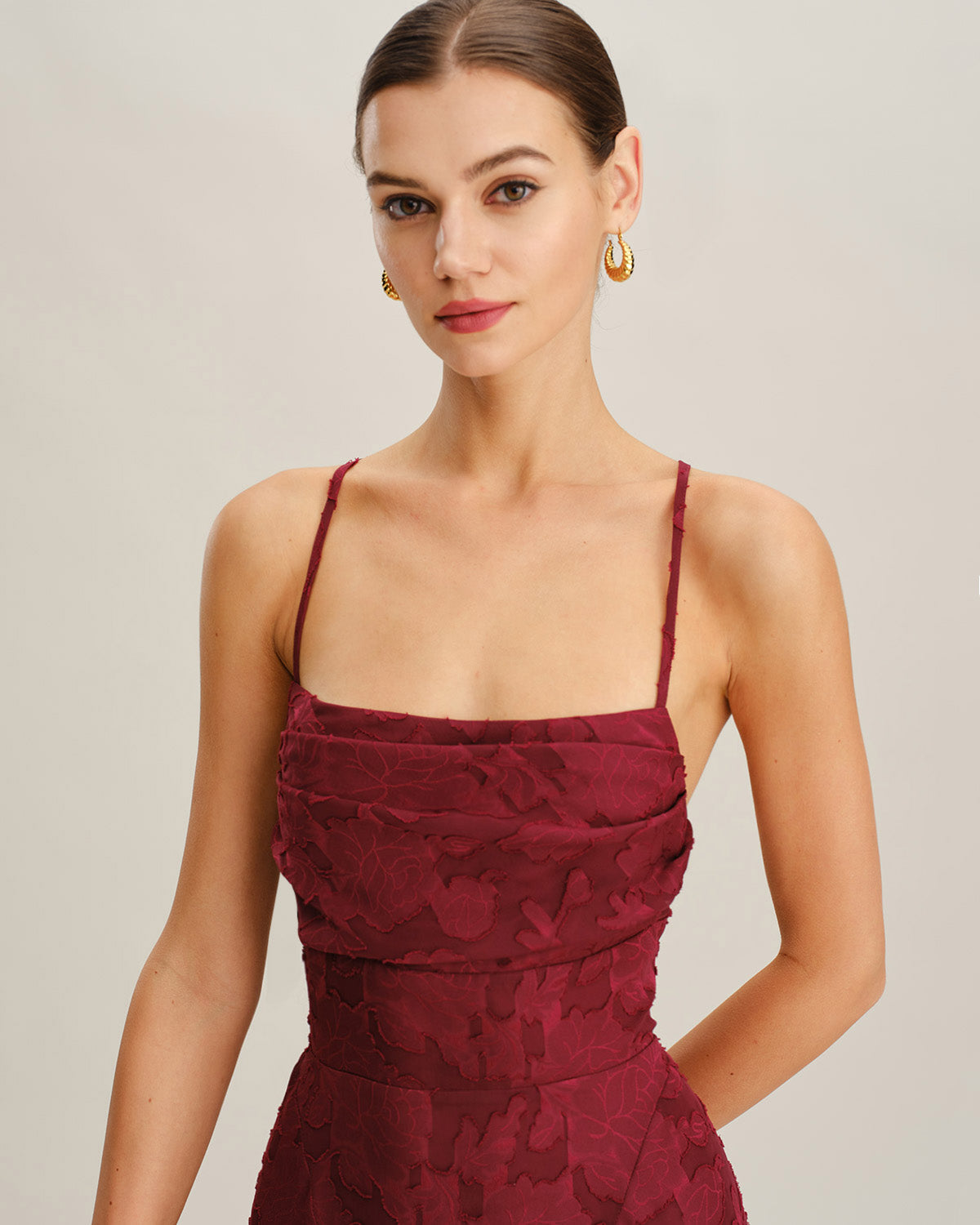 Wine Red A-Line Floral Mini Dress with Square Neck