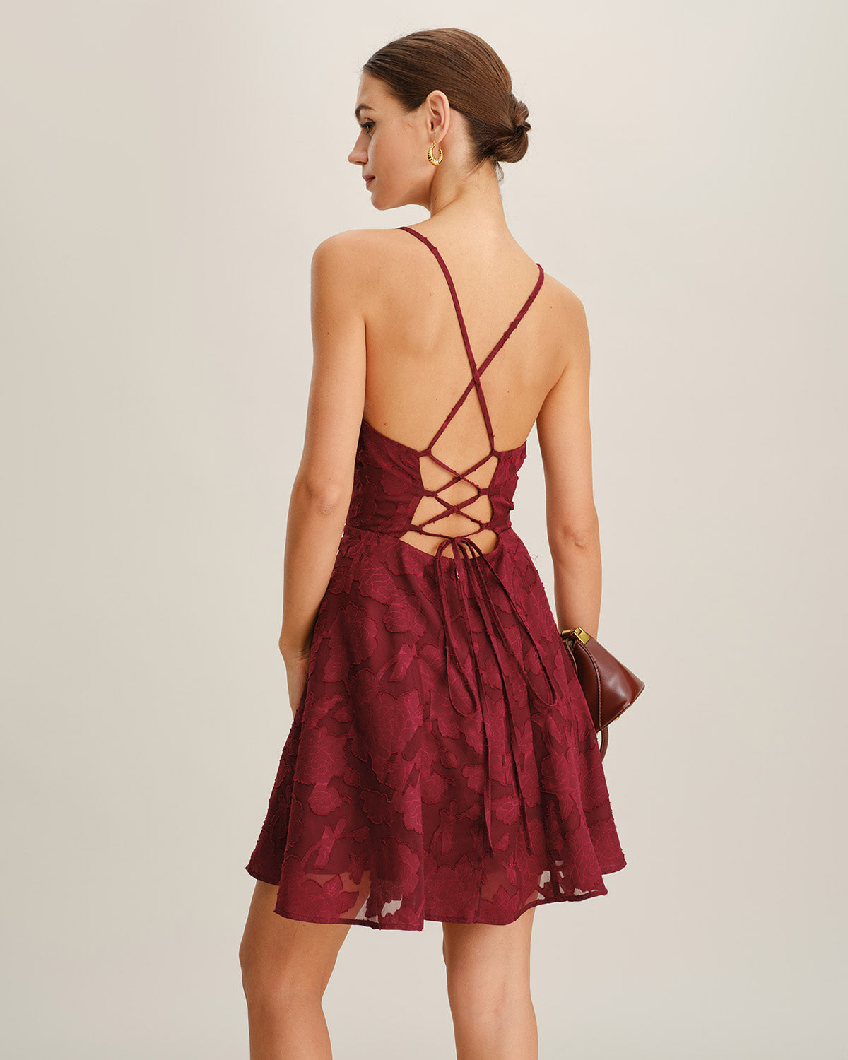 Wine Red A-Line Floral Mini Dress with Square Neck