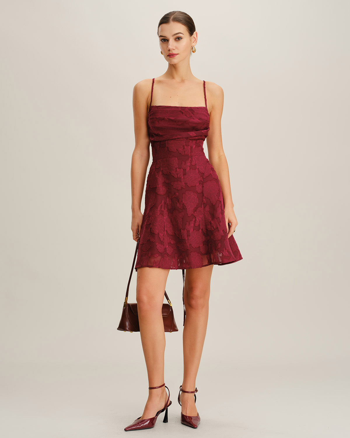 Wine Red A-Line Floral Mini Dress with Square Neck