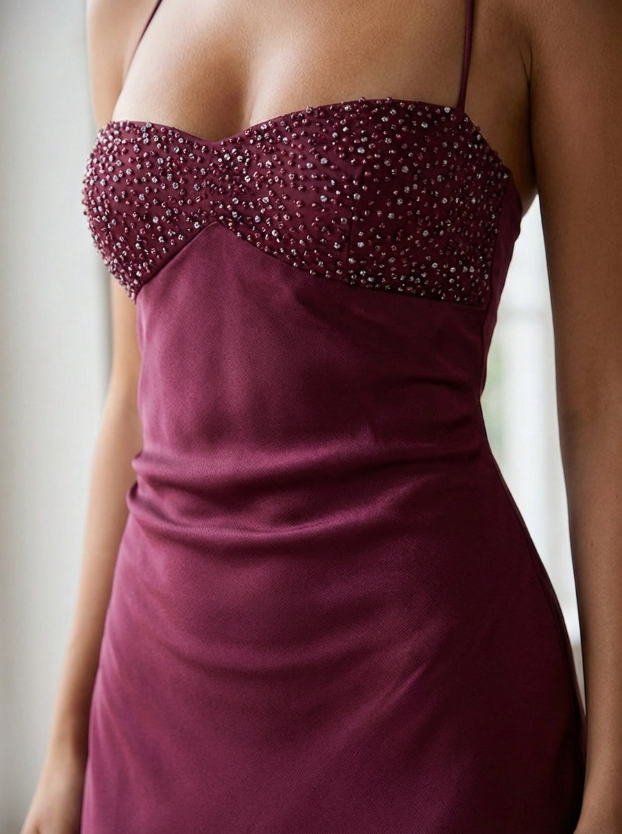 Pink Satin Halter Maxi Dress with Pearl Beading