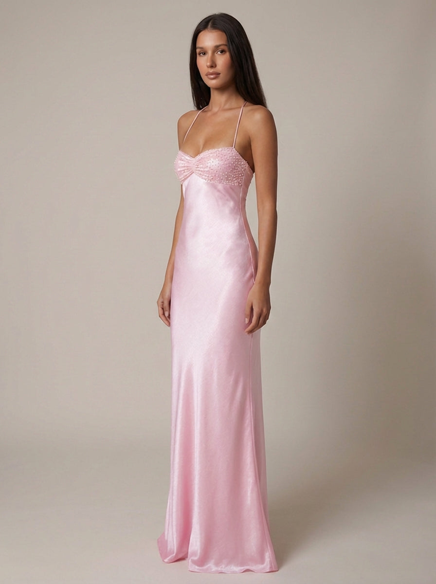 Pink Satin Halter Maxi Dress with Pearl Beading