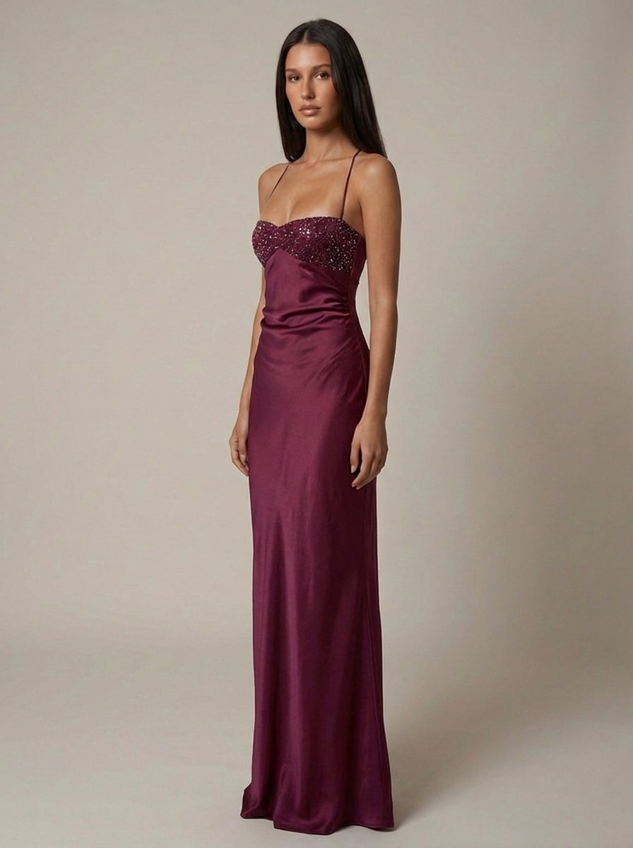 Pink Satin Halter Maxi Dress with Pearl Beading