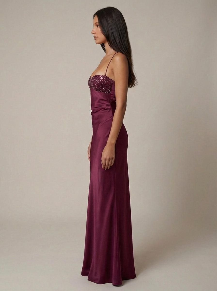 Pink Satin Halter Maxi Dress with Pearl Beading
