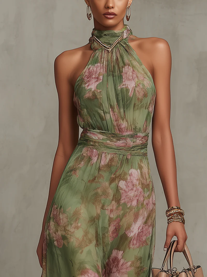Green Floral Chiffon Maxi Dress for Wedding Guest